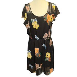 Black Rainn Floral Print Mini Dress Women's M Black Blouson Mesh Flowy Casual